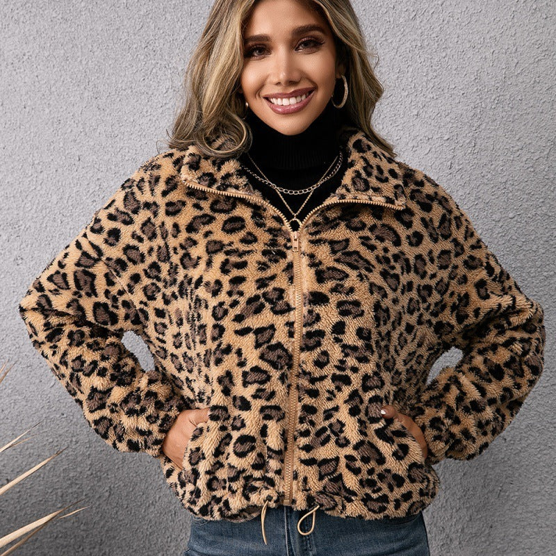 Leopard Print Lapel Zip Fur Jacket Long Sleeve Plush Sweater Jacket