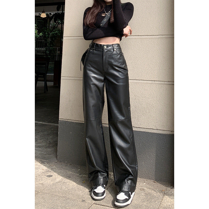 Hong Kong Style High Waist Slimming Sense Of Design Leather Trousers