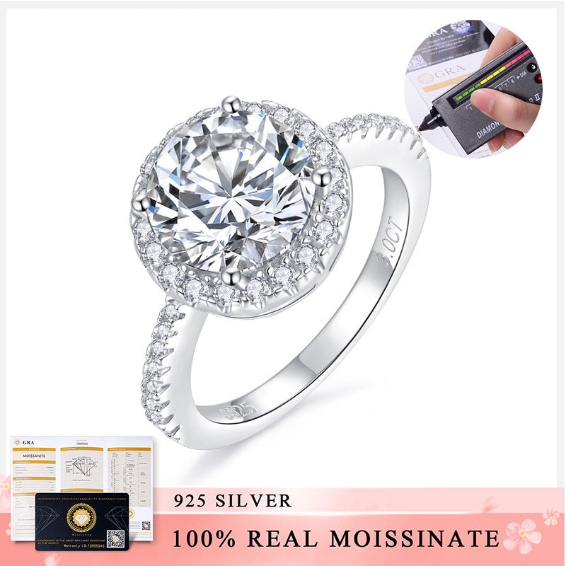 Runde Tasche voll Diamant S925 Silber 18K Vergoldung Mosanit Diamantring weiblich