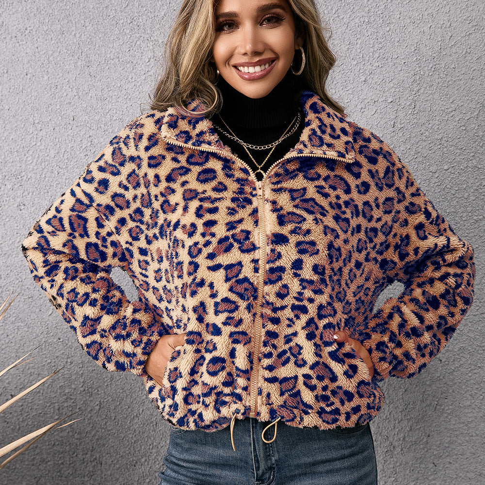 Leopard Print Lapel Zip Fur Jacket Long Sleeve Plush Sweater Jacket