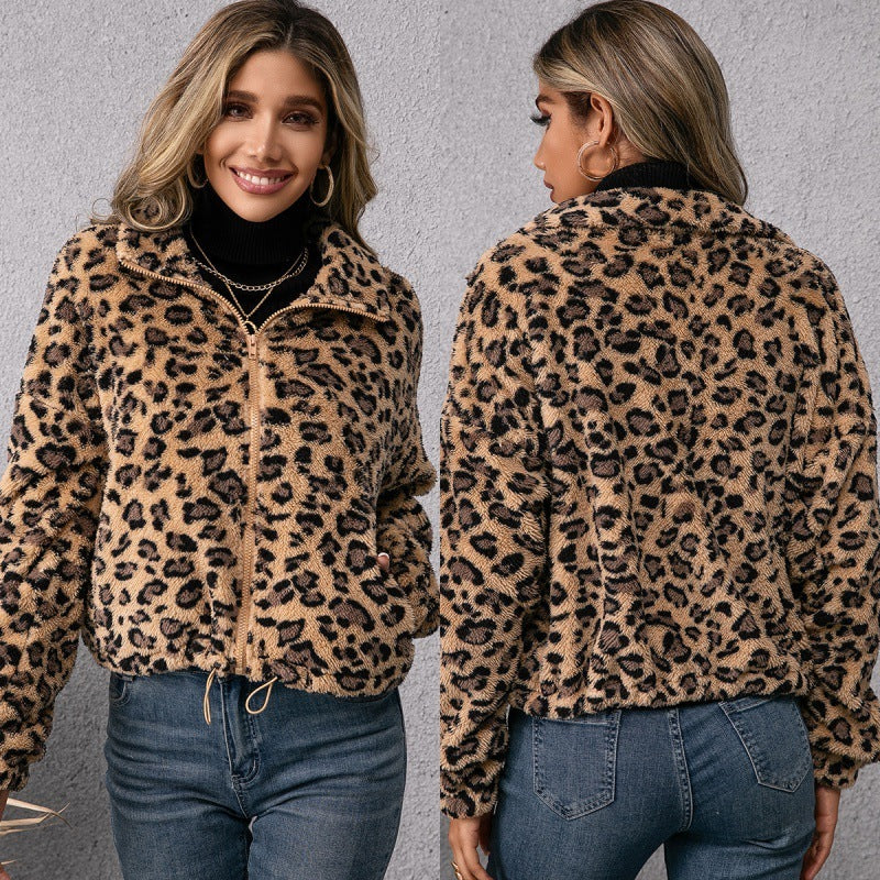 Leopard Print Lapel Zip Fur Jacket Long Sleeve Plush Sweater Jacket