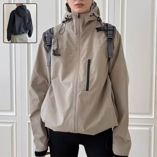 Loose Hooded Windbreaker Fashion Solid Color Zip-up Jacket Waterproof Windproof Sports Outwear For Women Clothing