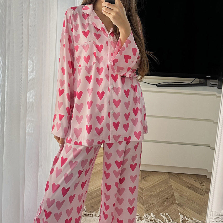 Heart Printing Cardigan Long Sleeve Pants Pajamas Two-piece Set