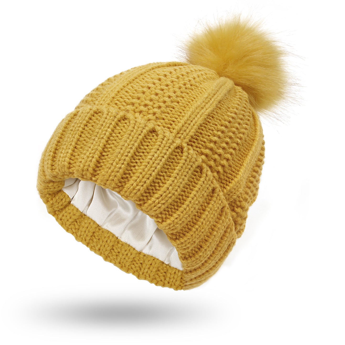 Mode Stretchy Satin Gefüttert Schädel Stricken Hüte Beanie Hut Für Frauen Faux Pelz Pom Pom Hut Winter Halten Erwärmung Beanie hut