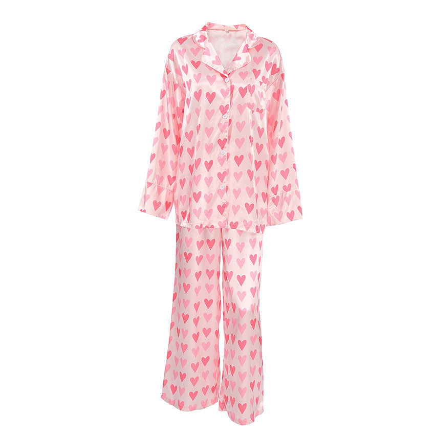 Heart Printing Cardigan Long Sleeve Pants Pajamas Two-piece Set