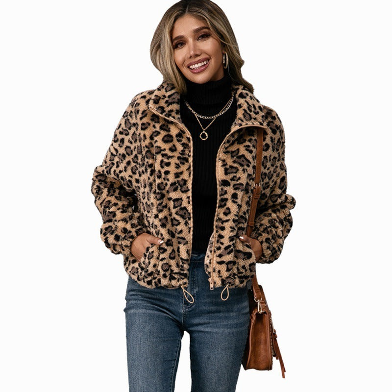 Leopard Print Lapel Zip Fur Jacket Long Sleeve Plush Sweater Jacket